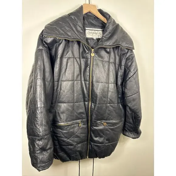WINLIT Vintage Quilted Genuine Leather Puffer Jacket - Black, Large - Picture 4 of 8